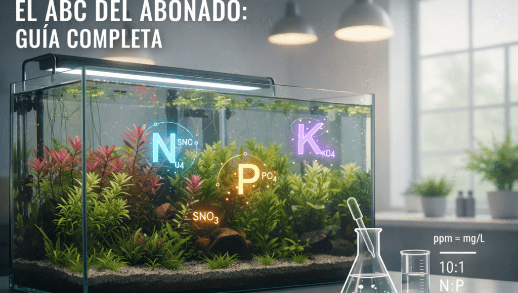 Infografía educativa sobre el abonado de acuarios plantados que muestra un tanque con plantas saludables y gráficos superpuestos de Macronutrientes NPK, la relación 10:1 y la equivalencia de ppm a mg/L.