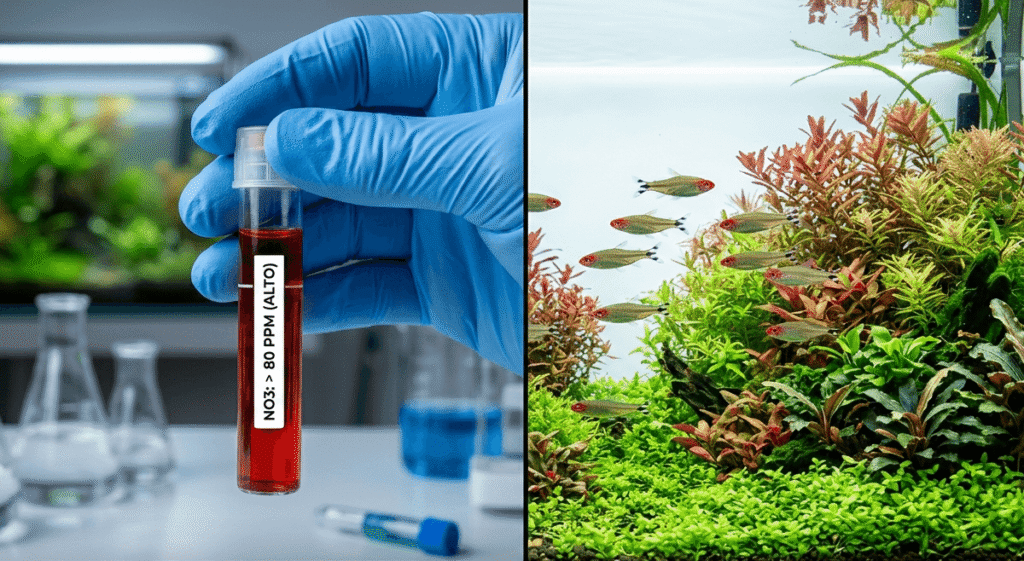 Vista de un acuario plantado con invasión de algas filamentosas y peces nadando cerca de la superficie, síntomas visibles de un exceso de nitratos en el agua.
